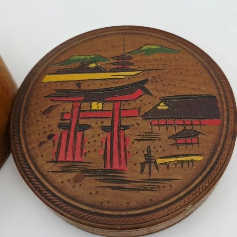 Vintage Japanese Torii Gate Wooden Coaster Set‎ with Storage Box